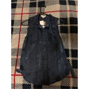 dark blue shoulder-less button up top